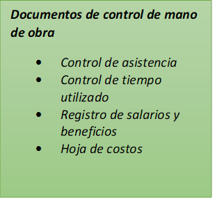 Documentos de control de mano de obra
•	Control de asistencia
•	Control de tiempo utilizado
•	Registro de salarios y beneficios
•	Hoja de costos
